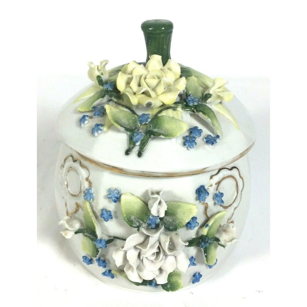 Vintage Ceramic Pumpkin-Shaped Trinket Box With 3D Floral Design White & Green
